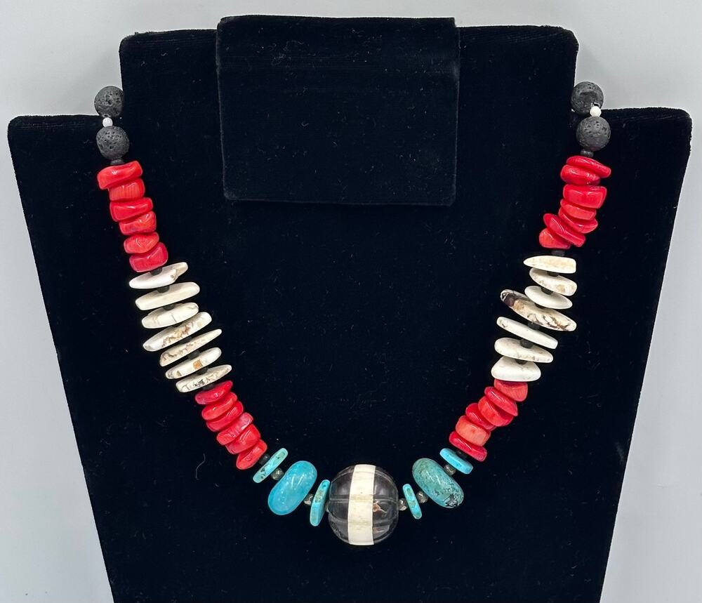 Vintage Native American Handcrafted Coral Turquoise Lava Beaded Necklace 19"